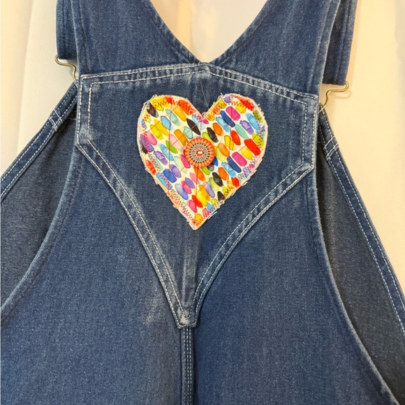 Upcycled  Denim Overalls with Colorful Patch Trim - Picture 8 of 16